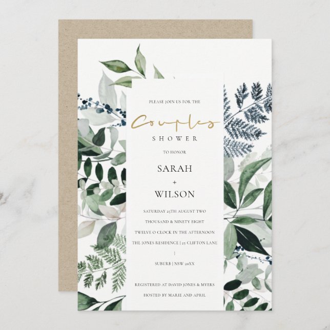 Green Leafy Tropical Foliage Couples Shower Invite (Front/Back)