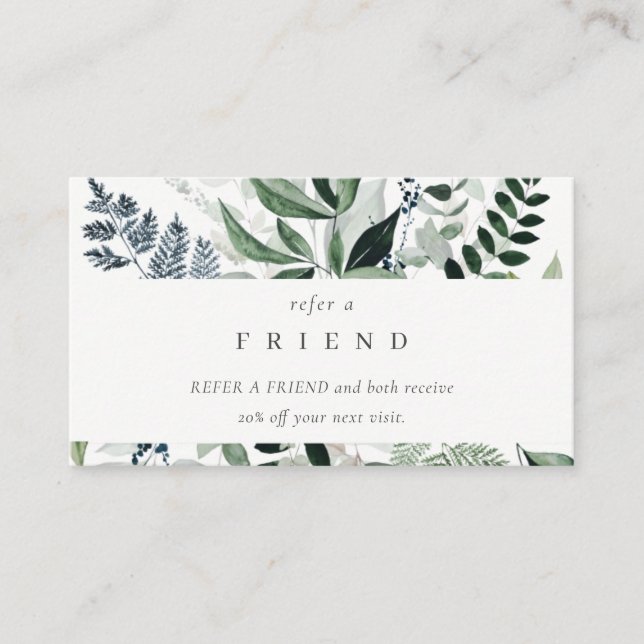 Green Leafy Tropical Foliage Fern Refer a Friend Business Card (Front)