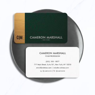 Green Leather and  Gold Monogram with White Back  Business Card