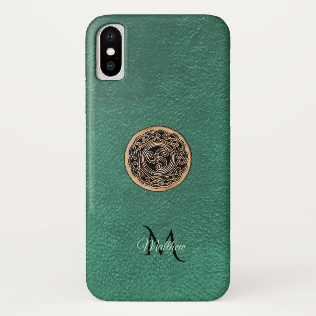 Green Leather Bronze Celtic Triskele Knot Monogram Case-Mate iPhone Case (Back)
