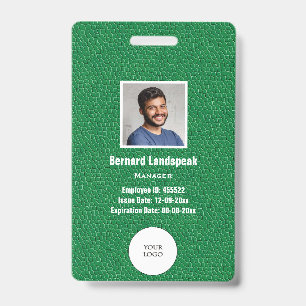 Green Leather & Employee Photo & Logo, Bar code ID Badge