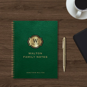 Green Leather Look Gold Monogram Notebook