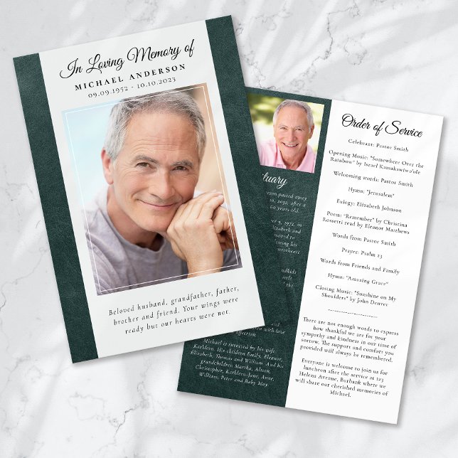 Green Leather Photo Memorial Service Program Invitation (Creator Uploaded)