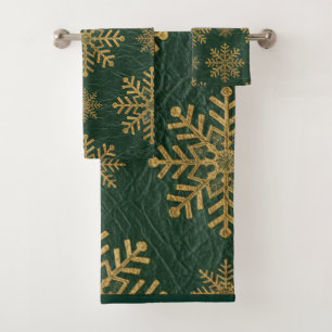 Green Leather Tooled with Gold Snowflakes Initials Bath Towel Set