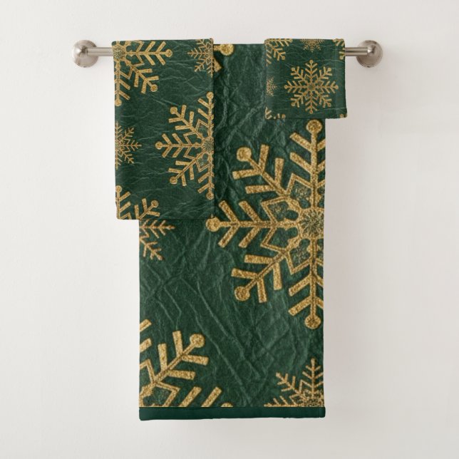 Green Leather Tooled with Gold Snowflakes Initials Bath Towel Set (Insitu)