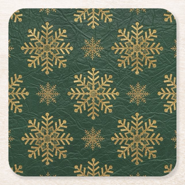 Green Leather Tooled with Gold Snowflakes Square Paper Coaster (Front)