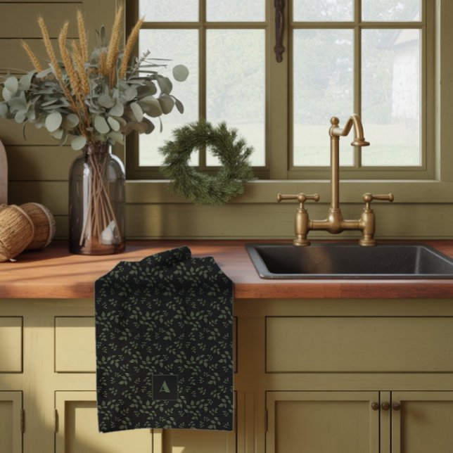 Green leave pattern monogram Kitchen Towels (Creator Uploaded)