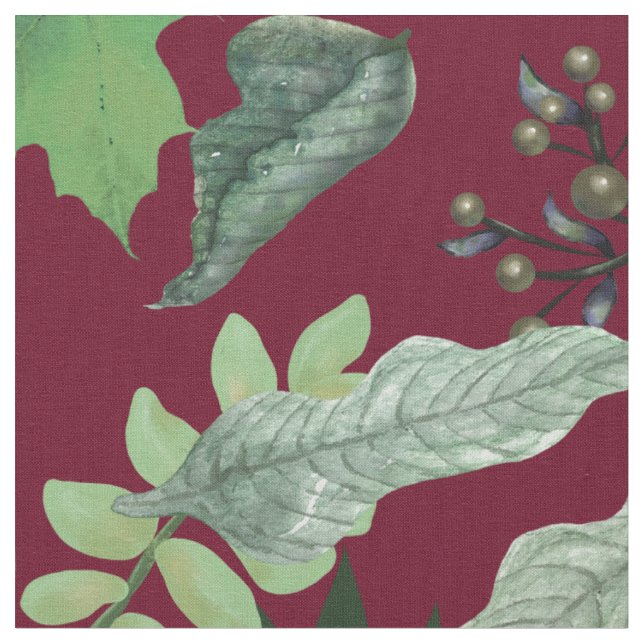 Green Leaves and Berries | Fall Colours Fabric (Close Up)