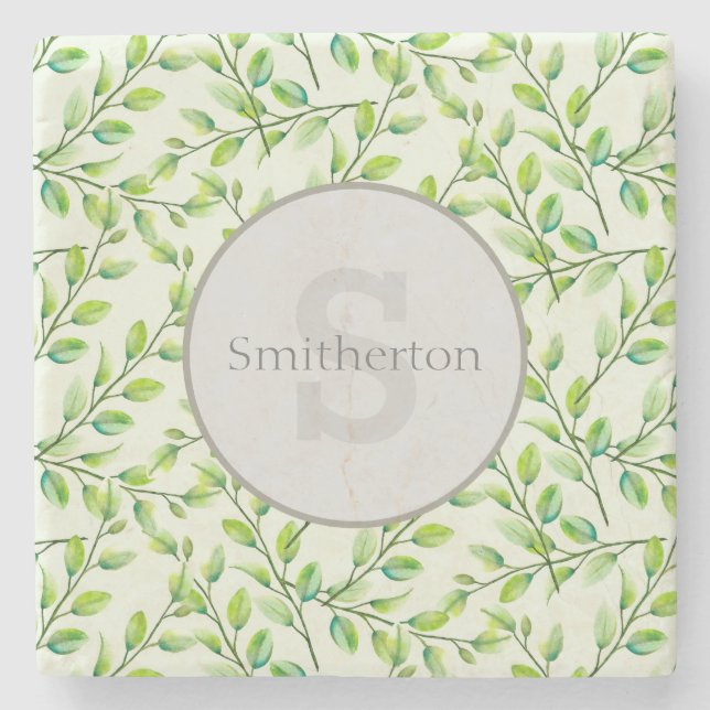 Green Leaves and Branches Monogram Stone Coaster (Front)