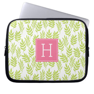 Green Leaves and Pink Monogram Laptop Sleeve