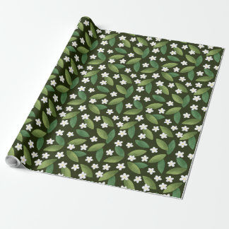 Green Leaves and White Flowers on Green Background Wrapping Paper