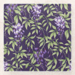 Green Leaves and Wisteria Floral Pattern Glass Coaster<br><div class="desc">Seamless pattern of lush green leaves and delicate purple wisteria flowers on a dark purple background,  creating an elegant,  floral design.</div>