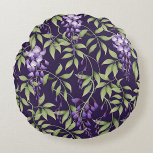  Green Leaves and Wisteria Floral Pattern Round Cushion