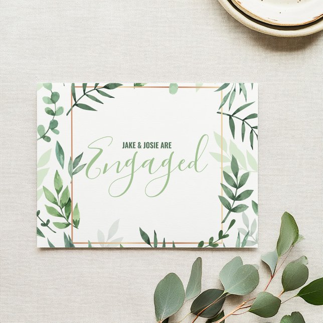 Green leaves announcement (Vibrant green leaves design with a copper frame engaged card.)
