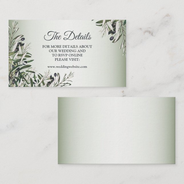 Green Leaves Black Olive Elegant Wedding Detail Enclosure Card (Front/Back)