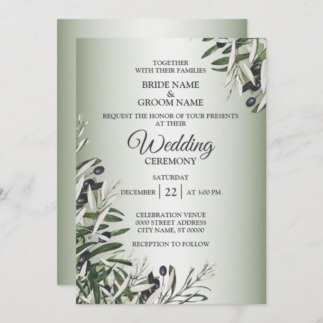 Green Leaves Black Olive Elegant Wedding Invitation (Front/Back)