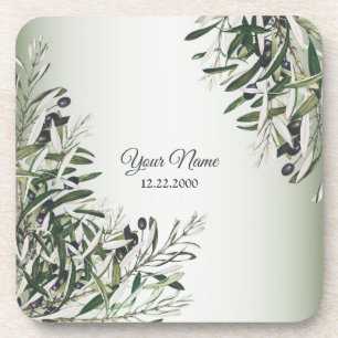 Green Leaves Black Olive Elegant Wedding Party Coaster