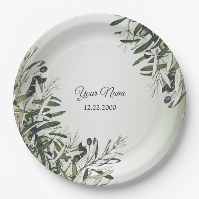 Green Leaves Black Olive Elegant Wedding Party Paper Plate (Front)