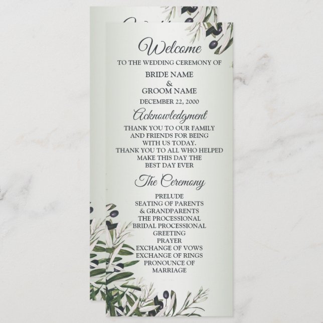 Green Leaves Black Olive Elegant Wedding  Programme (Front/Back)