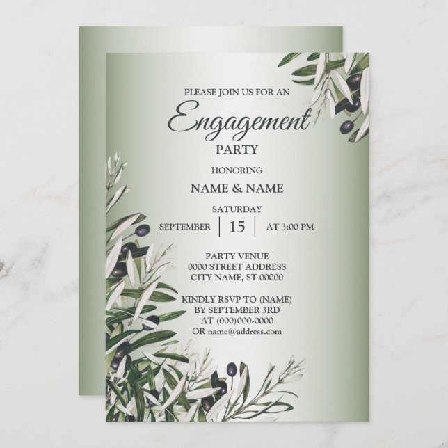 Green Leaves Black Olive Engagement Party Invitation (Front/Back)