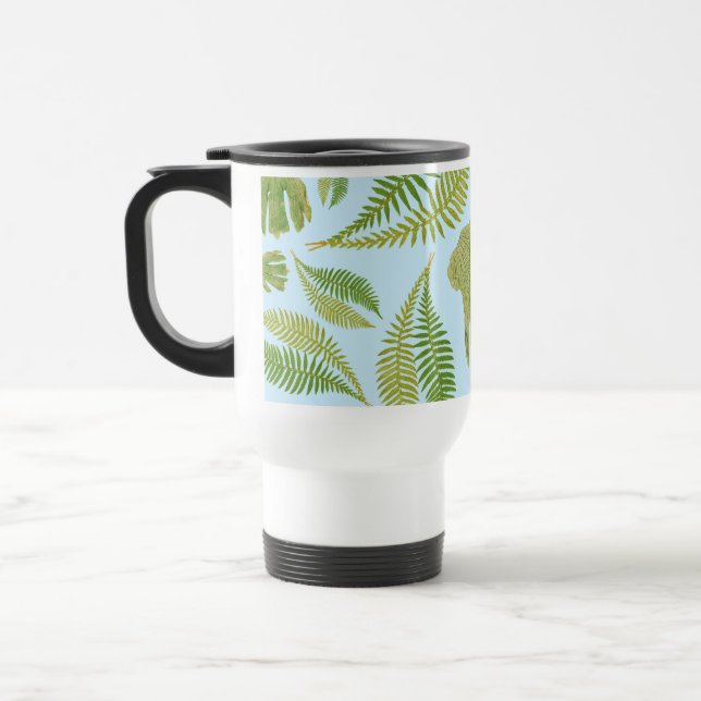 Green Leaves Blue Colour. Leaf Pattern Travel Mug (Left)