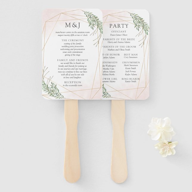 Green Leaves & Blush Wedding Program Hand Fan (Front and Back)