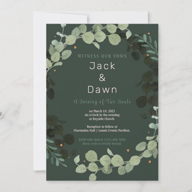 Green Leaves Bordered Wedding Invitation (Front)