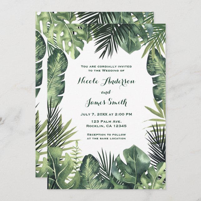 Green Leaves Botanical Tropical Plants Wedding Invitation (Front/Back)