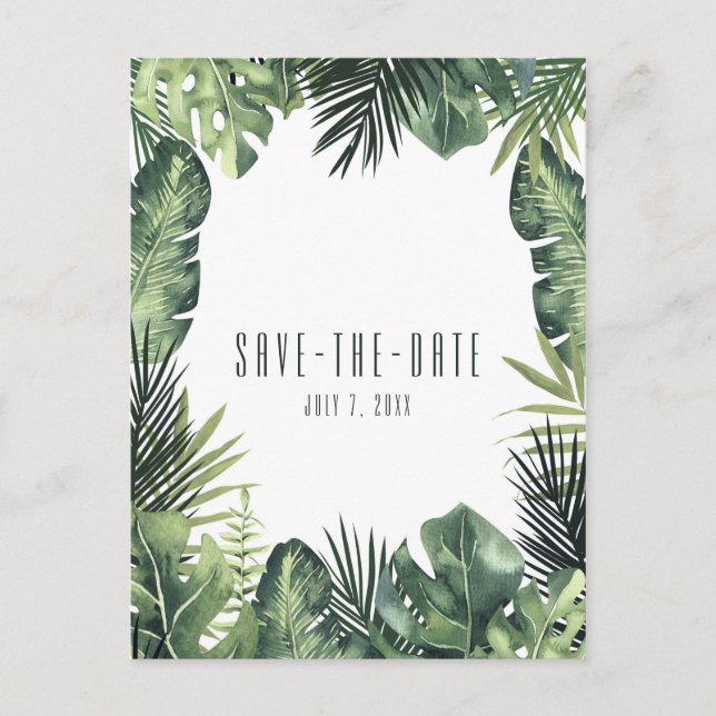 Green Leaves Botanical Tropical Save the Date Announcement Postcard (Front)