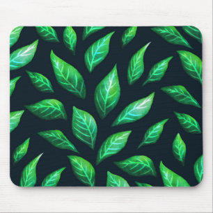 Green Leaves Dark Abstract Ink Drawn Pattern Mouse Pad