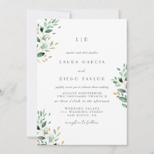 Green Leaves Elegant Monogram Wedding Invitation