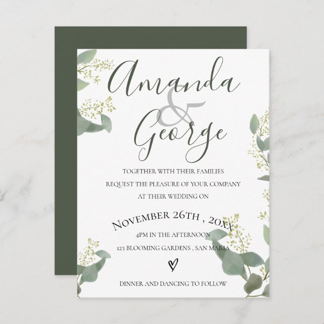 Green Leaves | Elegant Script | Wedding Invitation (Front/Back)