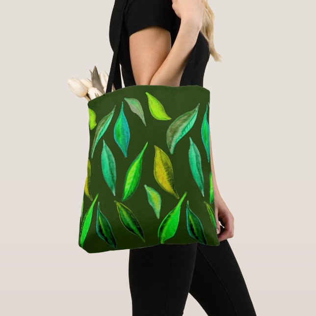 Green leaves environmental watercolor pattern tote bag (Close Up)
