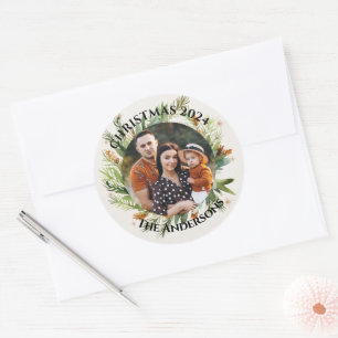 Green Leaves Family Photo Merry Christmas Classic Round Sticker