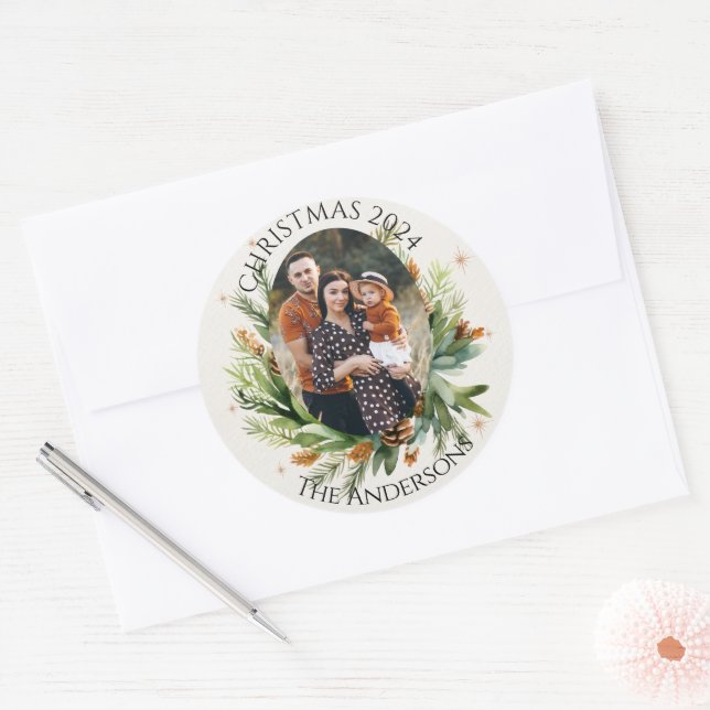 Green Leaves Family Photo Merry Christmas Classic Round Sticker (Envelope)