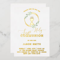 green leaves First Holy Communion Foil Invitation
