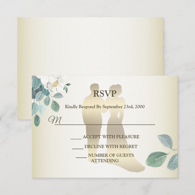 Green Leaves Flower Golden Frame Modern Wedding RSVP Card (Front/Back)
