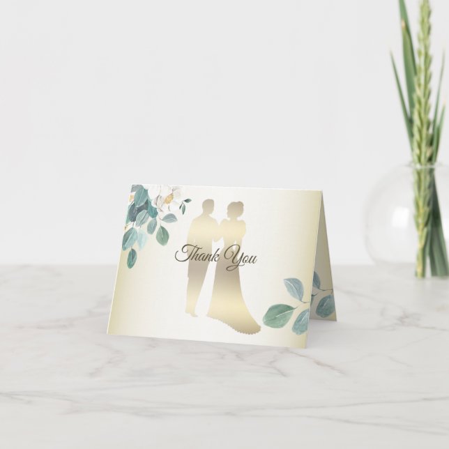 Green Leaves Flower Golden Frame Modern Wedding Thank You Card (Front)