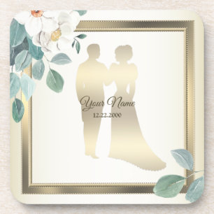 Green Leaves Flower Golden Frame Wedding Party Coaster