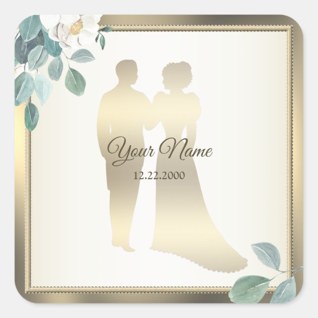 Green Leaves Flower Golden Frame Wedding Party Square Sticker (Front)