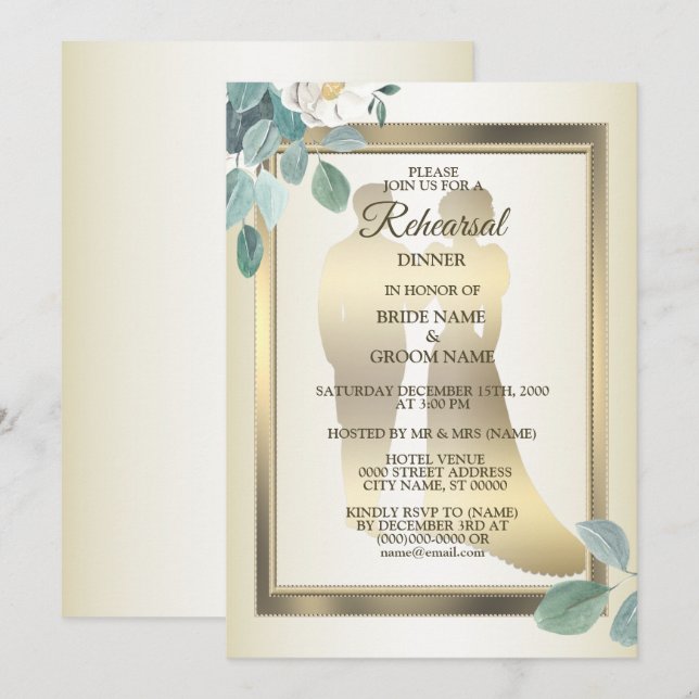 Green Leaves Flower Golden Rehearsal Dinner Party Invitation (Front/Back)