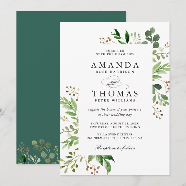Green Leaves Foliage Wedding Invitation (Front/Back)