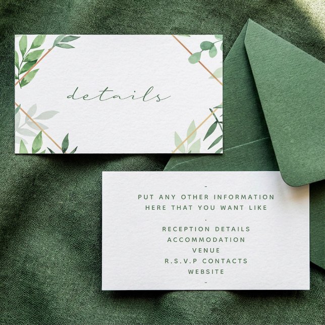 Green leaves, gold border, details wedding enclosure card (Green leaves, gold border, details wedding enclosure card.)
