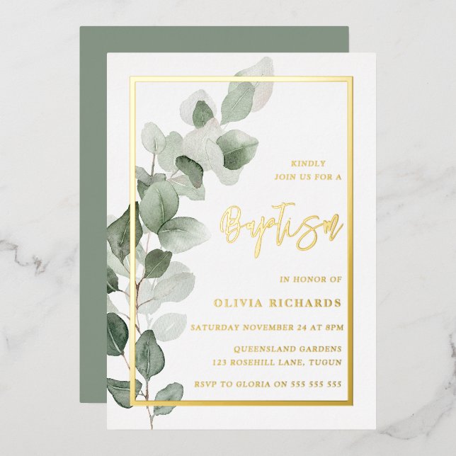 Green Leaves Gold Foil Boy or Girl Baptism (Front/Back)