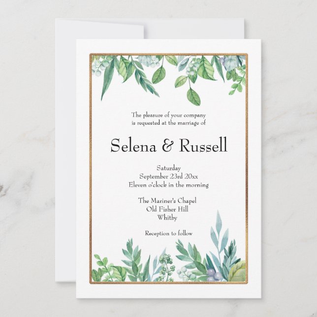 Green Leaves & Gold Frame Wedding Invitation (Front)