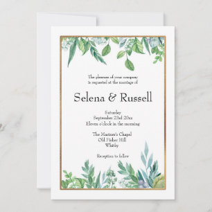 Green Leaves & Gold Frame Wedding Invitation