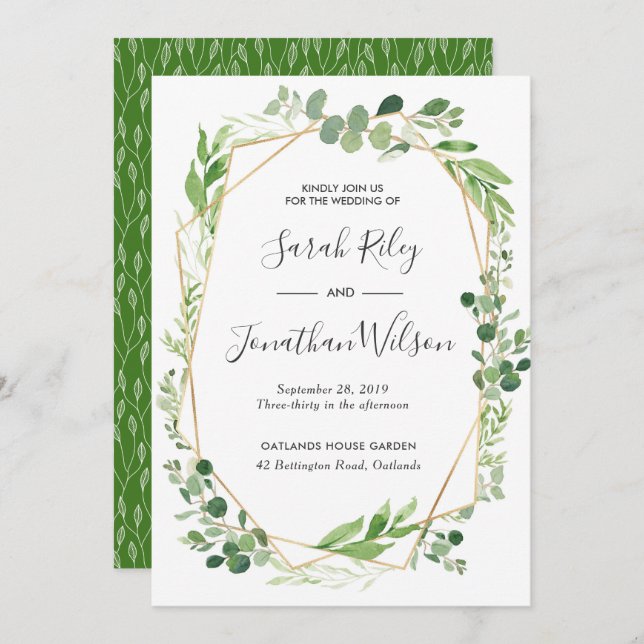 Green leaves gold Terrarium Wedding invitation (Front/Back)
