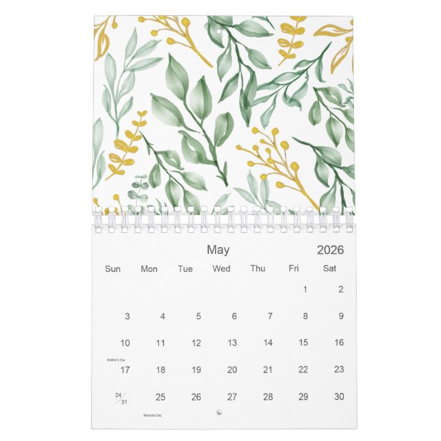 Green Leaves & Golden Yellow Floral 2026 Calendar (May 2026)