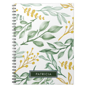 Green Leaves & Golden Yellow Floral Personalised Notebook