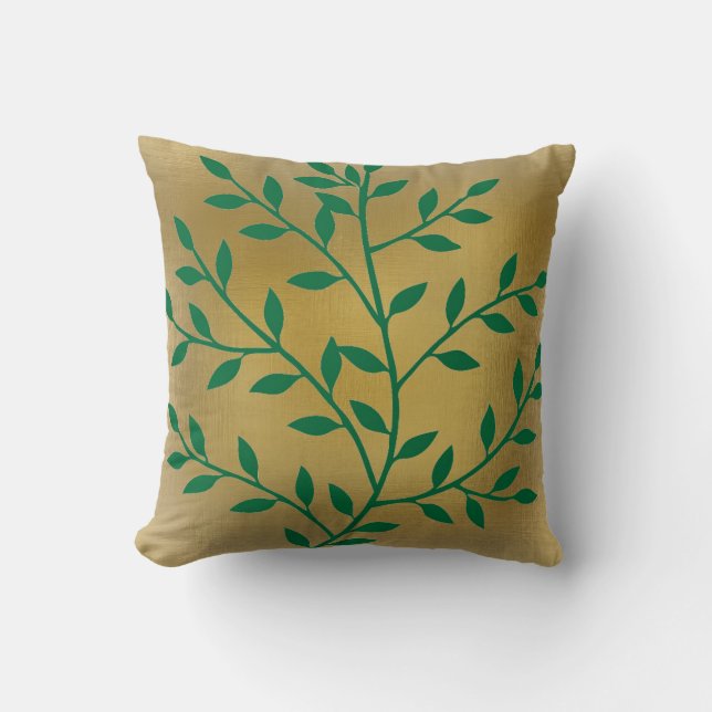 Green leaves green tree go green on gold cushion (Front)